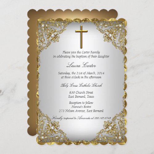 Gold Pearl Damask  Cross BaptismChristening Invitation