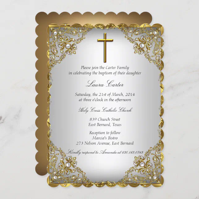 Gold Pearl Damask & Cross Baptism/Christening Invitation | Zazzle