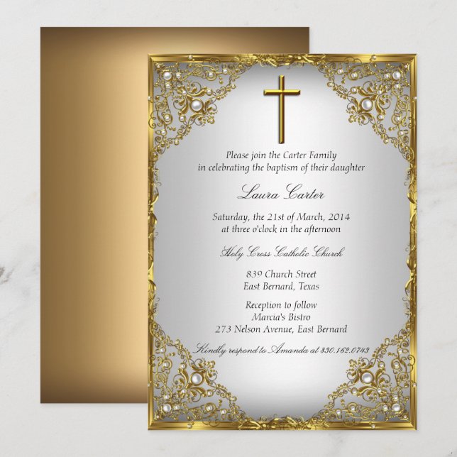 Gold Pearl Damask & Cross Baptism/Christening Invitation (Front/Back)