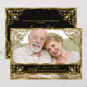 Gold Pearl Damask Photo 50th Wedding Anniversary 2 Invitation