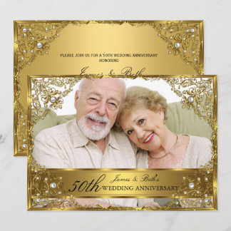 Gold Pearl Damask Photo 50th Wedding Anniversary Invitation