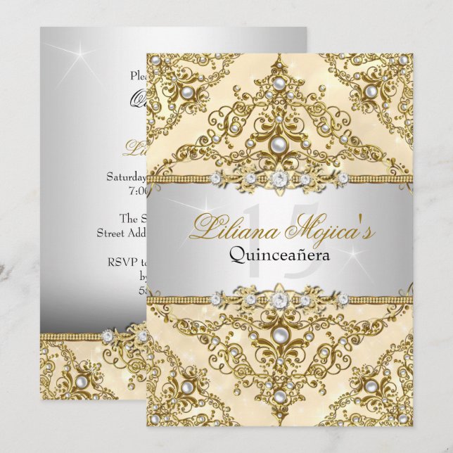 Gold Pearl Damask Quinceanera Invite (Front/Back)