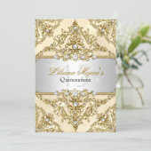 Gold Pearl Damask Quinceanera Invite (Standing Front)