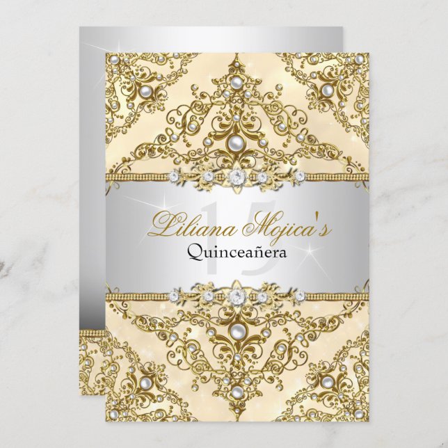 Gold Pearl Damask Quinceanera Invite (Front/Back)