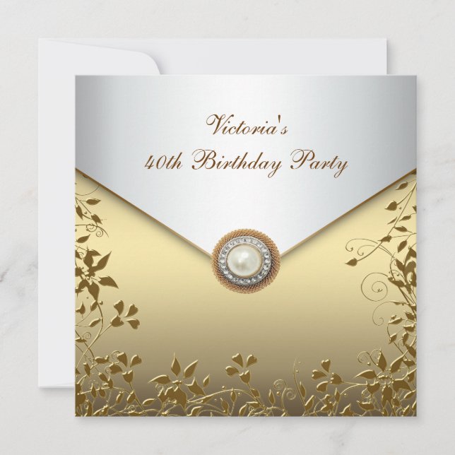 Gold Pearl Floral Womans 40th Birthday Party Invitation (Front)