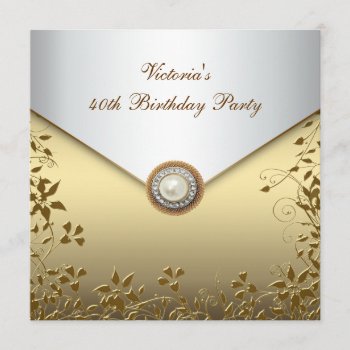 Gold Pearl Floral Womans 40th Birthday Party Invitation by decembermorning at Zazzle