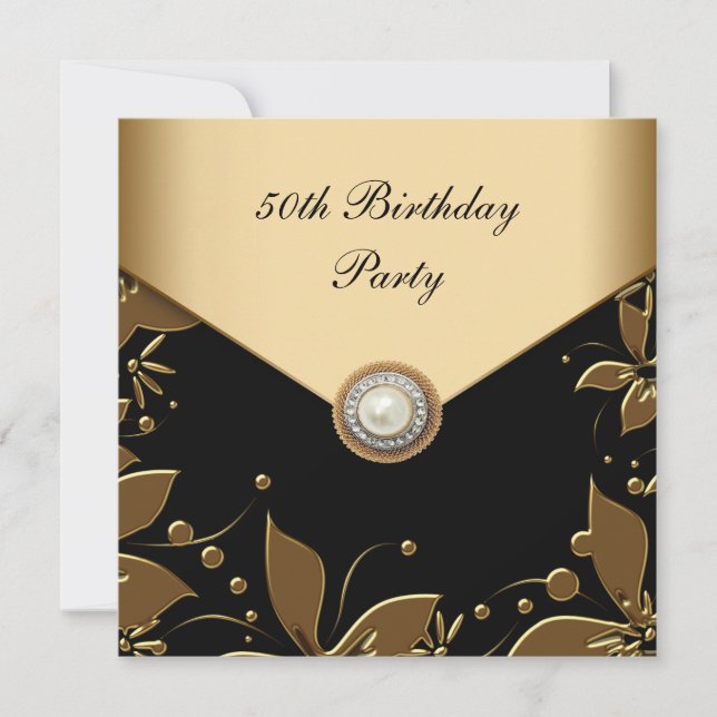 Gold Pearl Floral Womans 50th Birthday Party Invitation (Front)