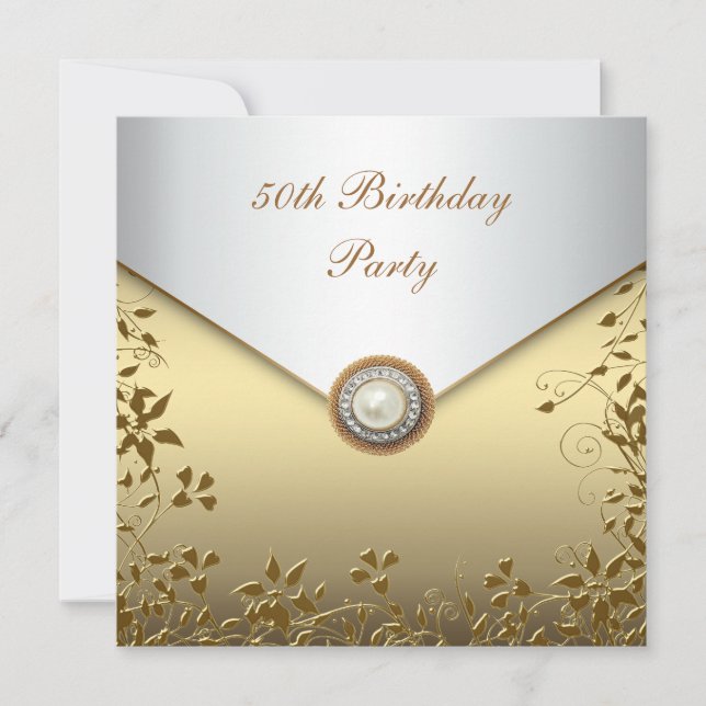 Gold Pearl Floral Womans 50th Birthday Party Invitation (Front)