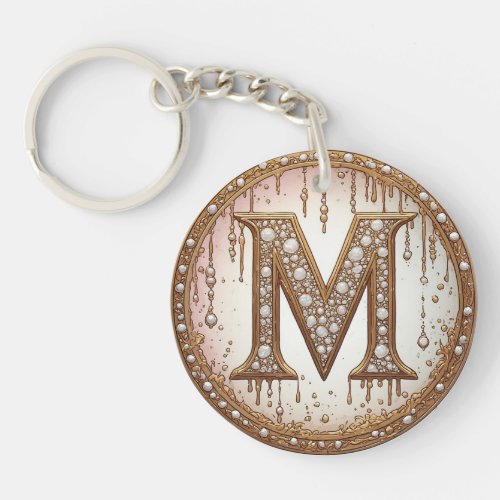 Gold Pearl Initial M Anniversary Gift Keychain