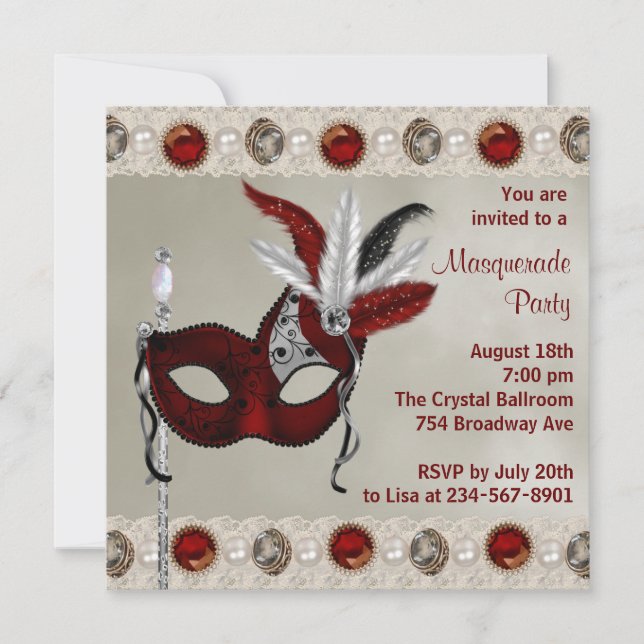 Gold Pearl Red Masquerade Party Invitation (Front)