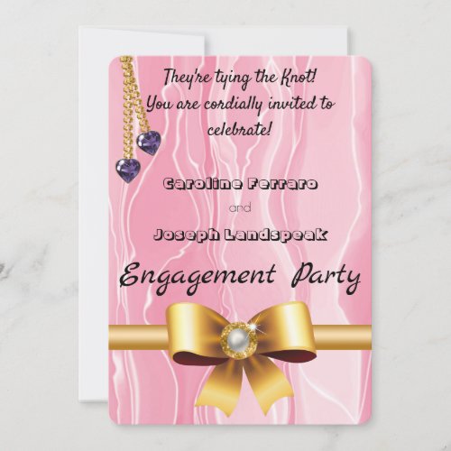 Gold Pearl Ribbon Heart Gems Chain on Pink Silk I Invitation