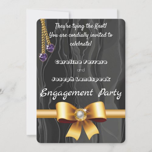 Gold Pearl Ribbon Hearts Gems Chain on Black Silk Invitation