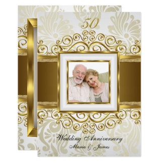 Gold & Pearl Swirl Damask Photo 50th Anniversary Invitation