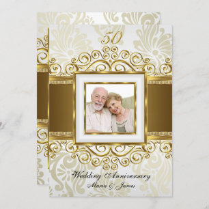 Gold & Pearl Swirl Damask Photo 50th Anniversary Invitation