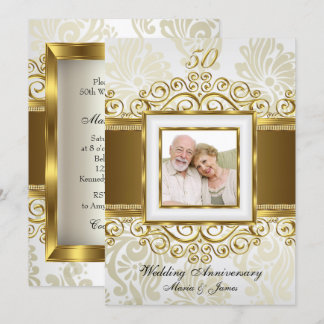 Gold & Pearl Swirl Damask Photo 50th Anniversary Invitation