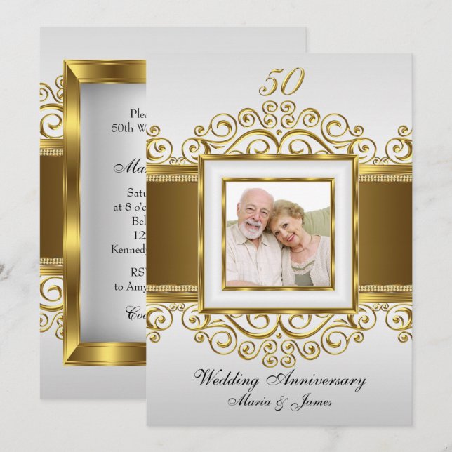 Gold & Pearl Swirl Photo 50 Anniversary Invite (Front/Back)