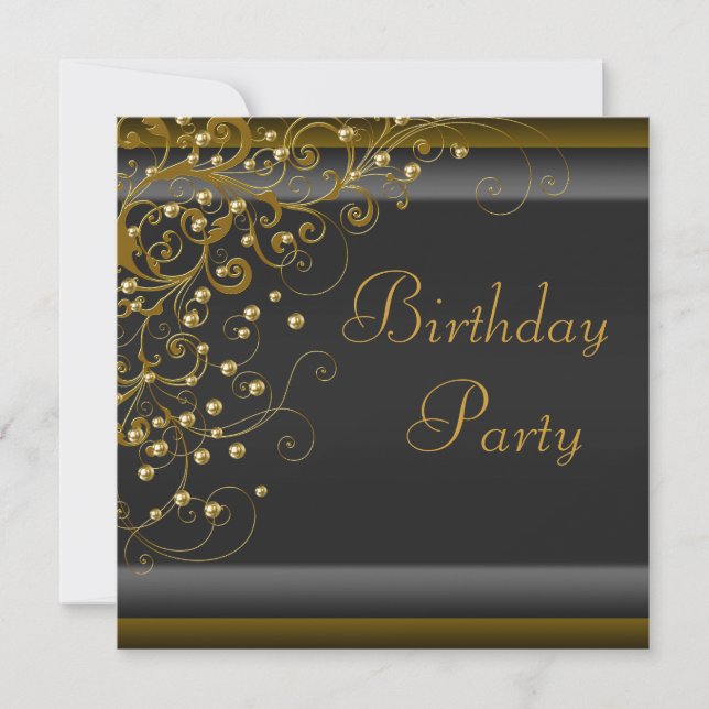 Gold Pearl Swirl Womans Black Gold Birthday Party Invitation (Front)