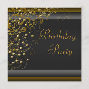 Gold Pearl Swirl Womans Black Gold Birthday Party Invitation