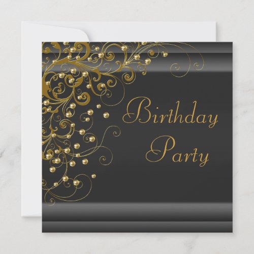Gold Pearl Swirl Womans Black Gold Birthday Party Announcement