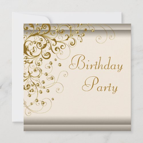 Gold Pearl Swirl Womans Ivory Gold Birthday Party Announcement