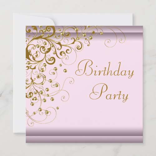 Gold Pearl Swirl Womans Pink Gold Birthday Party Custom Invites