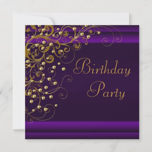 Gold Pearl Swirl Womans Purple Birthday Party Custom Announcement