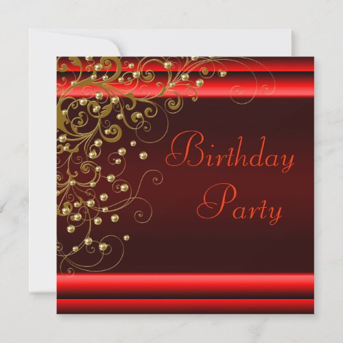 Gold Pearl Swirl Womans Red Black Birthday Party Invitation