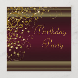 Gold Pearl Swirl Womans Red Wine Birthday Party Invitation