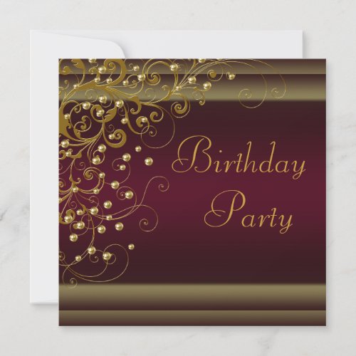 Gold Pearl Swirl Womans Red Wine Birthday Party Custom Announcements