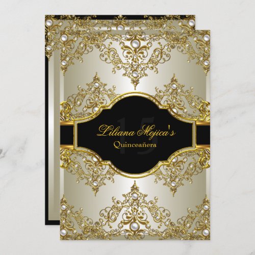 Gold Pearl Vintage Glamour Quinceanera Invite 2