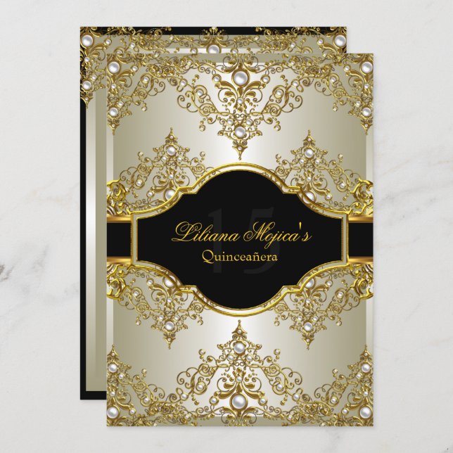 Gold Pearl Vintage Glamour Quinceanera Invite 2 (Front/Back)