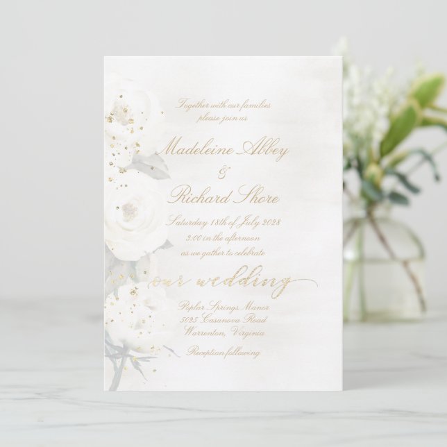 Gold & Pearl White Desdemona Roses Wedding Invitation (Standing Front)