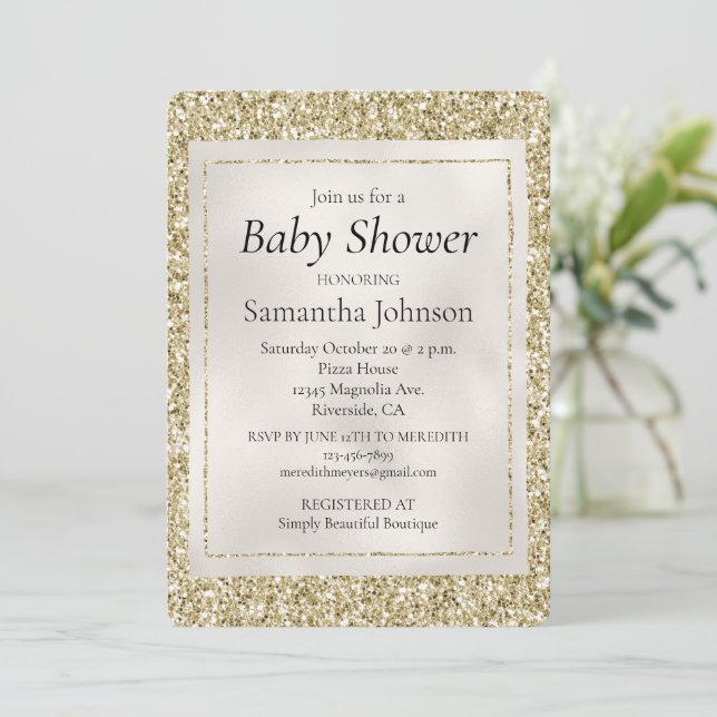 Gold Pearl White Glitzy Glitter Baby Shower Invitation (Standing Front)