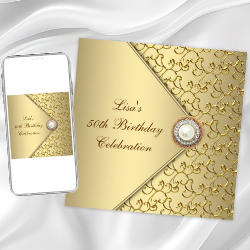 Gold Pearl Womans 50th Birthday Party Personalized Invitation