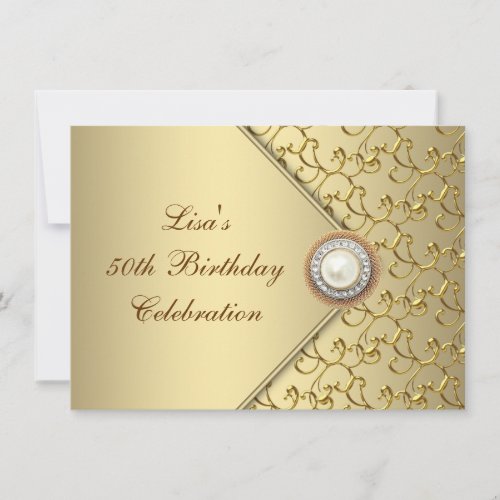 Gold Pearl Womans 50th Birthday Party Personalized Invites