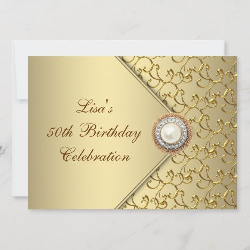 Gold Pearl Womans 50th Birthday Party Custom Invitation