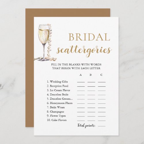 Gold Pearls and Prosecco Bridal Scattegories Game Invitation