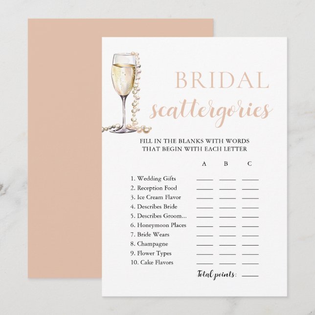 Gold Pearls and Prosecco Bridal Scattegories Game Invitation (Front/Back)