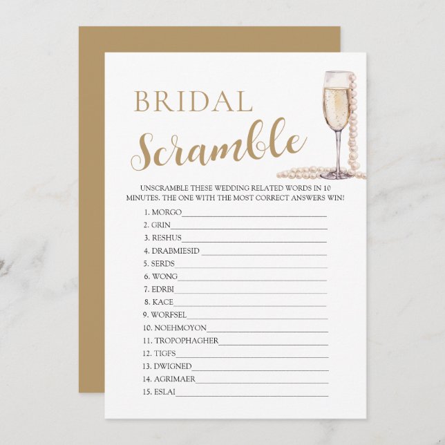 Gold Pearls and Prosecco Bridal Word Scramble Game Invitation (Front/Back)