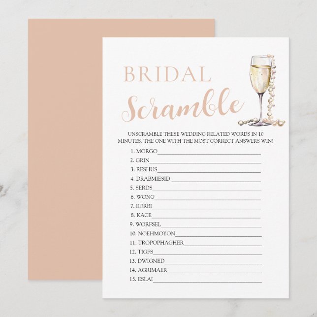 Gold Pearls and Prosecco Bridal Word Scramble Game Invitation (Front/Back)