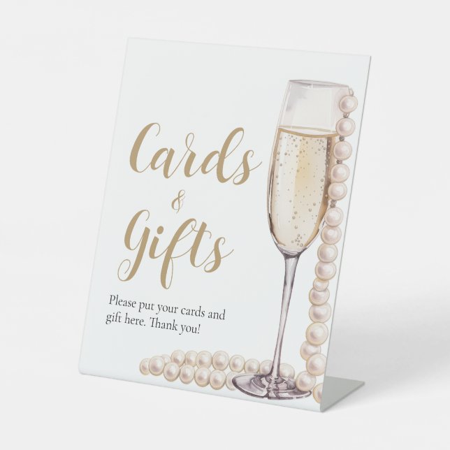 Gold Pearls and Prosecco Champagne Cards And Gifts Pedestal Sign (Front)