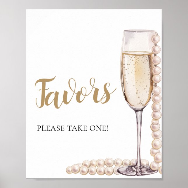 Gold Pearls and Prosecco Champagne Favors Sign (Front)