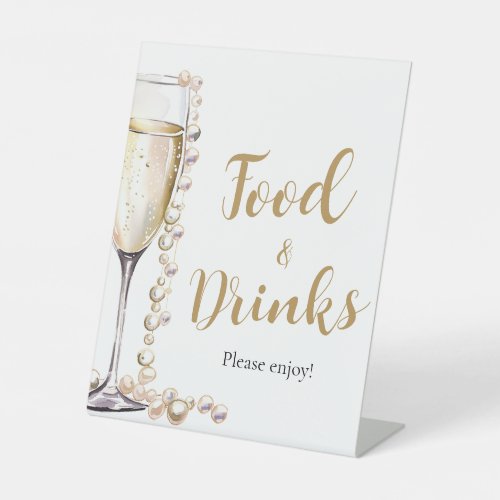 Gold Pearls and Prosecco Champagne Food and Drinks Pedestal Sign