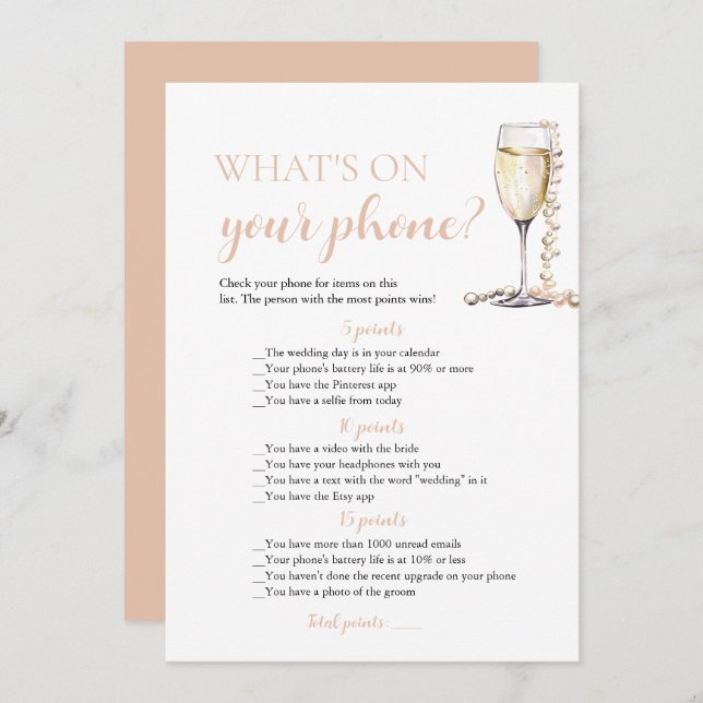 Gold Pearls and Prosecco What's On Your Phone Game Invitation (Front/Back)