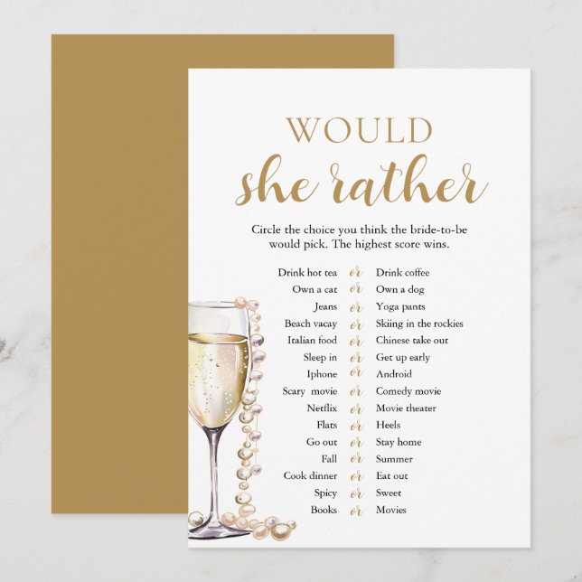 Gold Pearls and Prosecco Would She Rather Game Invitation (Front/Back)