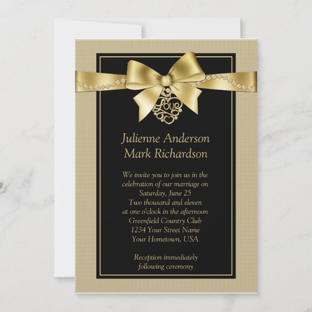 Gold Pearls and Ribbon on Black Wedding Invitation (Front)