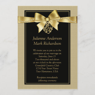 Gold Pearls and Ribbon on Black Wedding Invitation