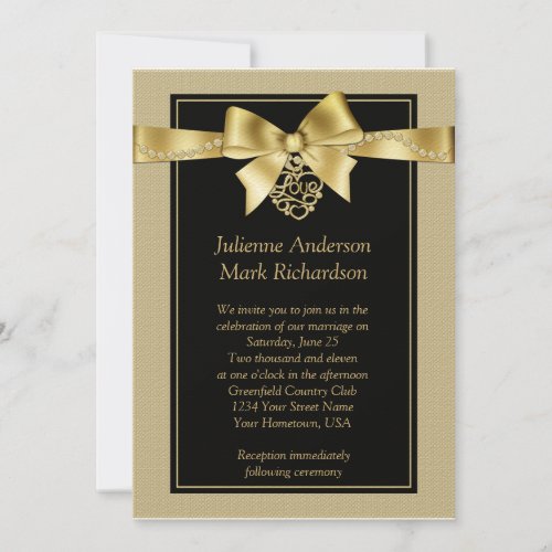 Gold Pearls and Ribbon on Black Wedding Invitation