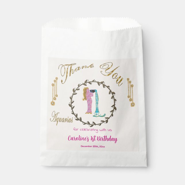 Gold & Pearls Aquarius 1st Birthday Thank You Favor Bag (Front)