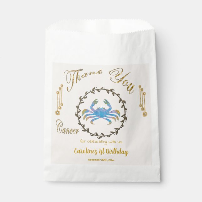 Gold & Pearls Cancer 1st Birthday Thank You Favor Bag (Front)